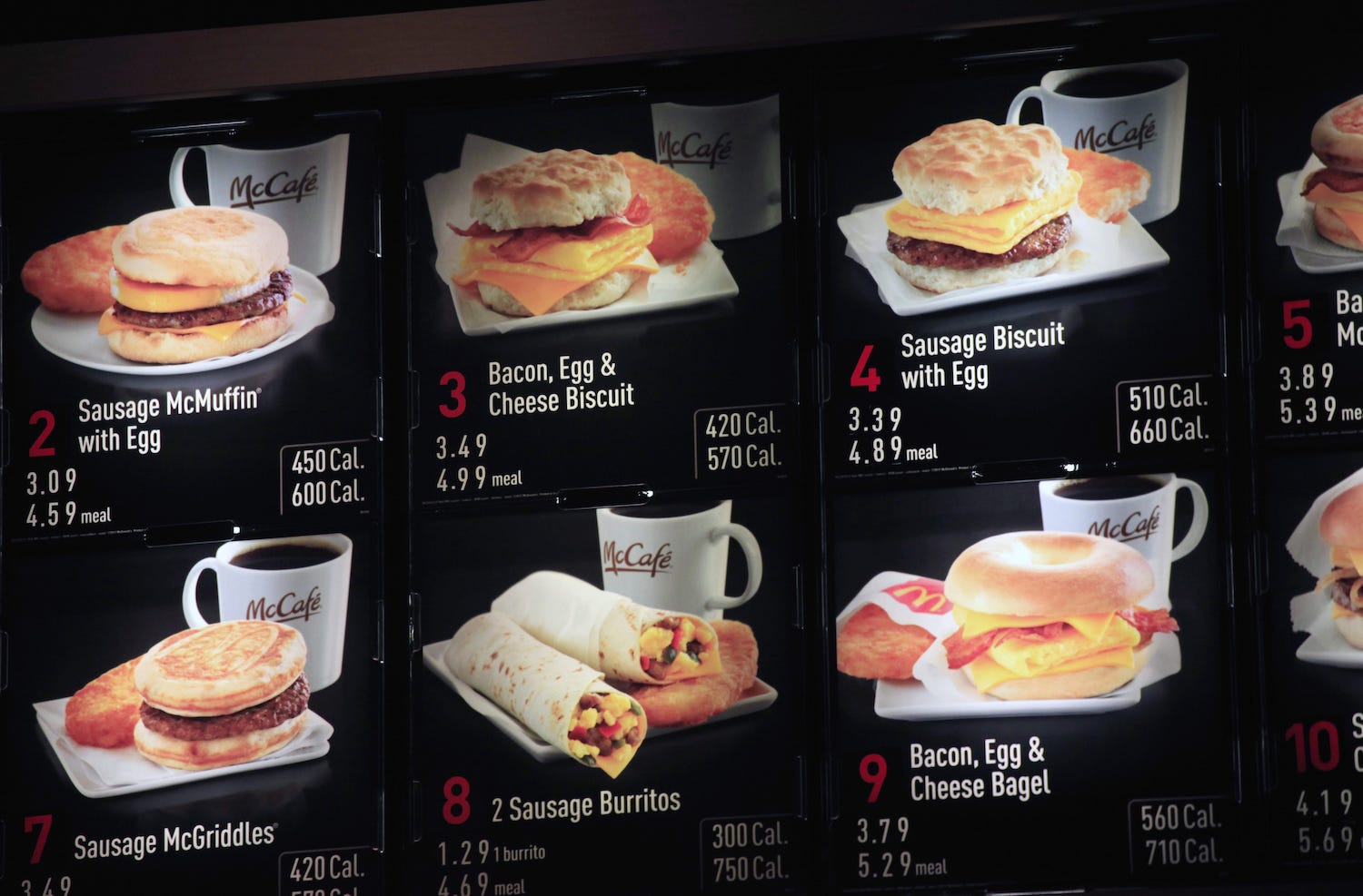 Items on the breakfast menu, including the calories, are posted at a McDonald's restaurant in New York. (June 2020)