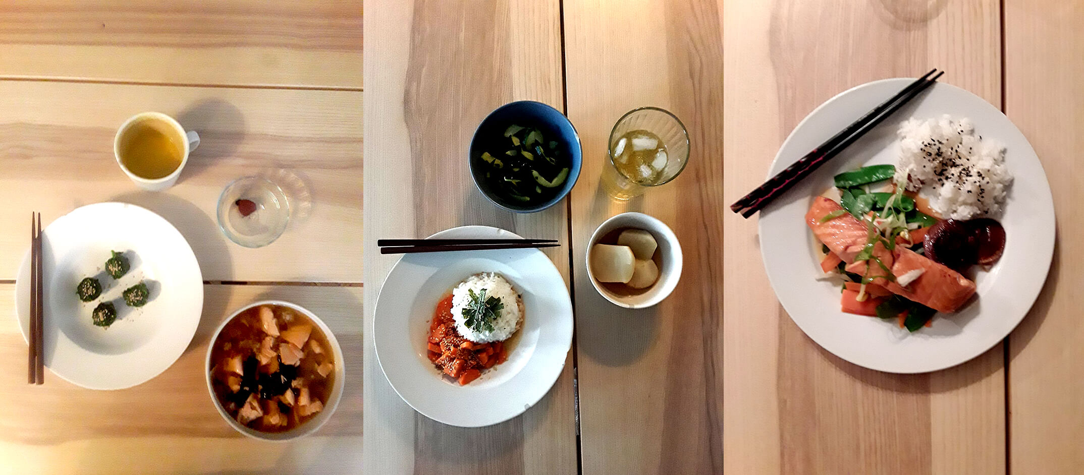 Three side by side images of different Japanese dishes. April 2020