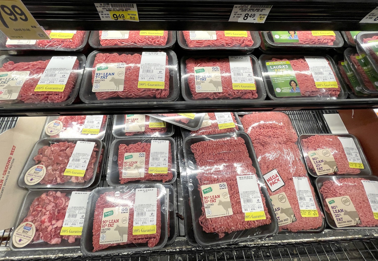 Ground beef is displayed on a shelf at a Safeway store on October 04, 2021 in San Francisco, California.