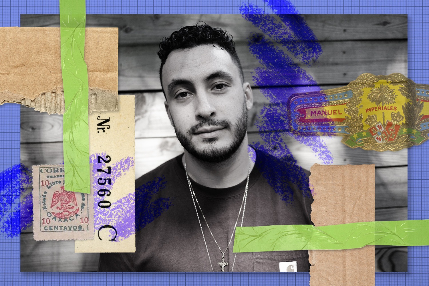 Rewrites collage of José Cardenas, black and white portrait with cardboard scraps, green tape, purple scribbles, ticket and stamps, and Manuel Lopez Imperiales wrapper of cigar. August 2021