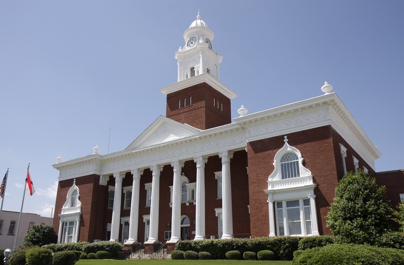 The exterior of a courthouse in Alabama. September 2020