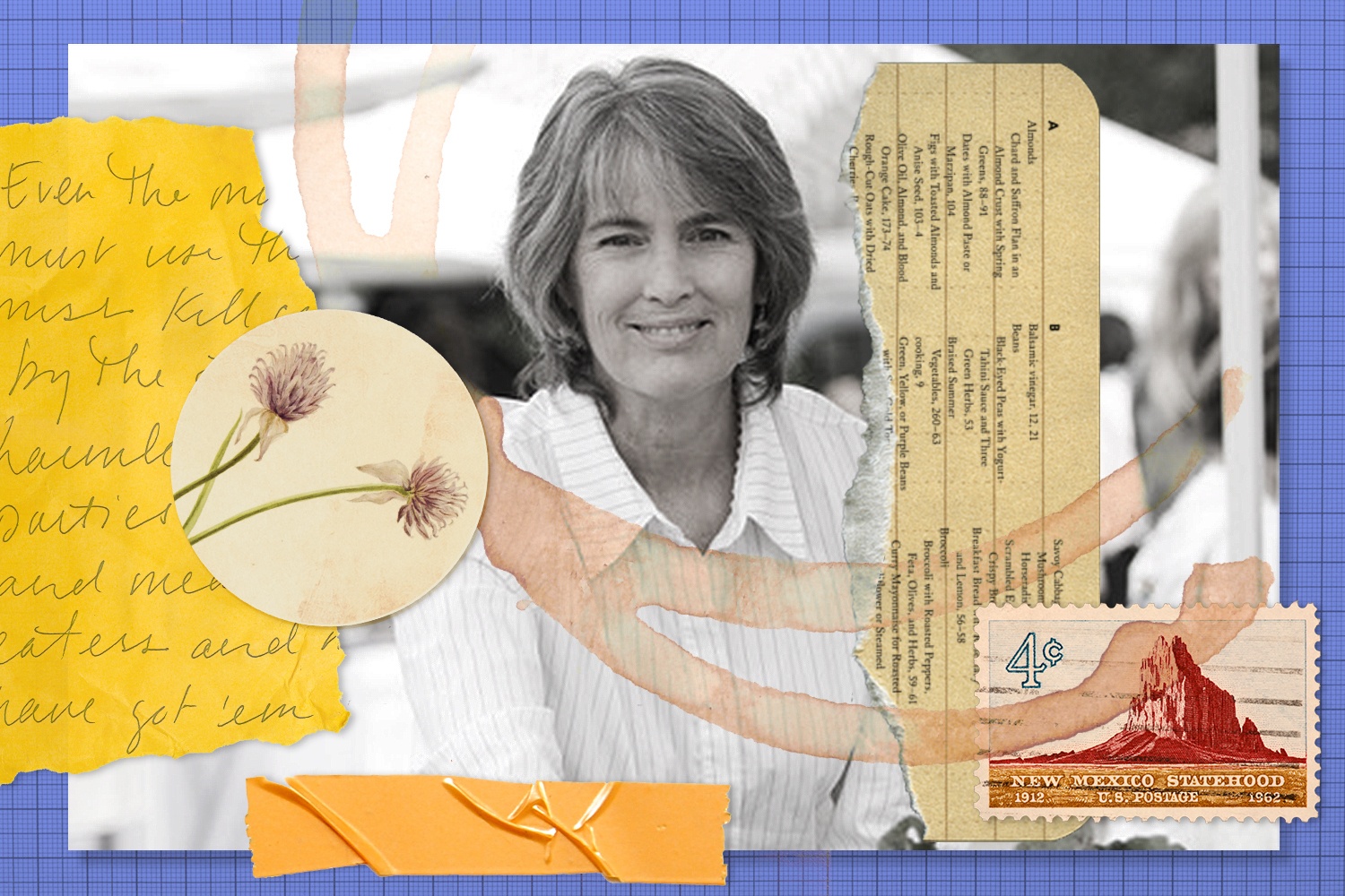 Deborah Madison collage for Rewrites with tape, floral patch, paper, and coffee cup stain. June 2021