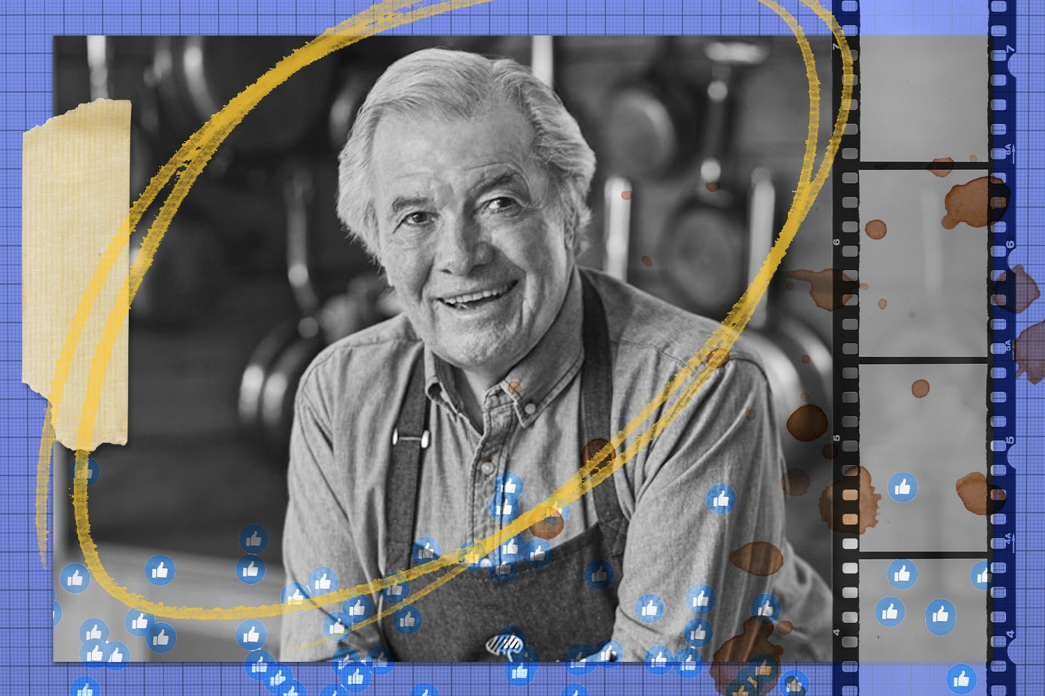Jacques Pépin feature image collage for Rewrites. Black and white photo with tape, pastel mark, Facebook likes, film, and food stains on blue graph background. June 2021