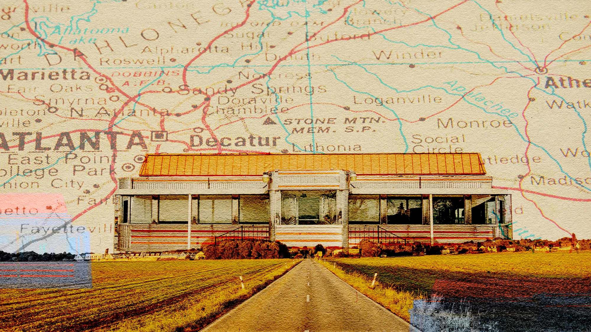 Rural road on textured paper goes into the distance with blue lens flares on sides and reaches an old restaurant with georgia map in the background January 2021.