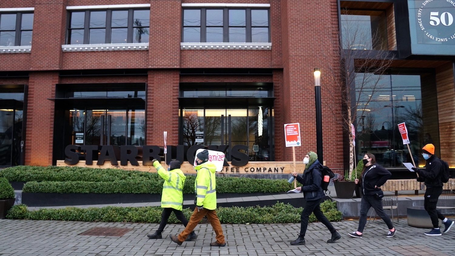 Protesters outside the Starbucks's Seattle headquarters. February 2022