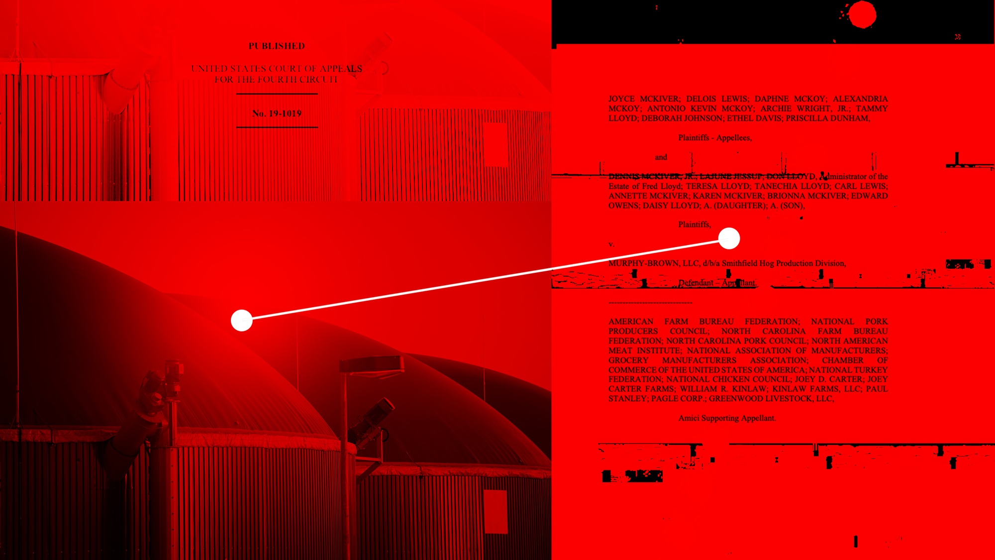 A red graphic of a farm, court case, glitches, and a white line connecting April 2022.