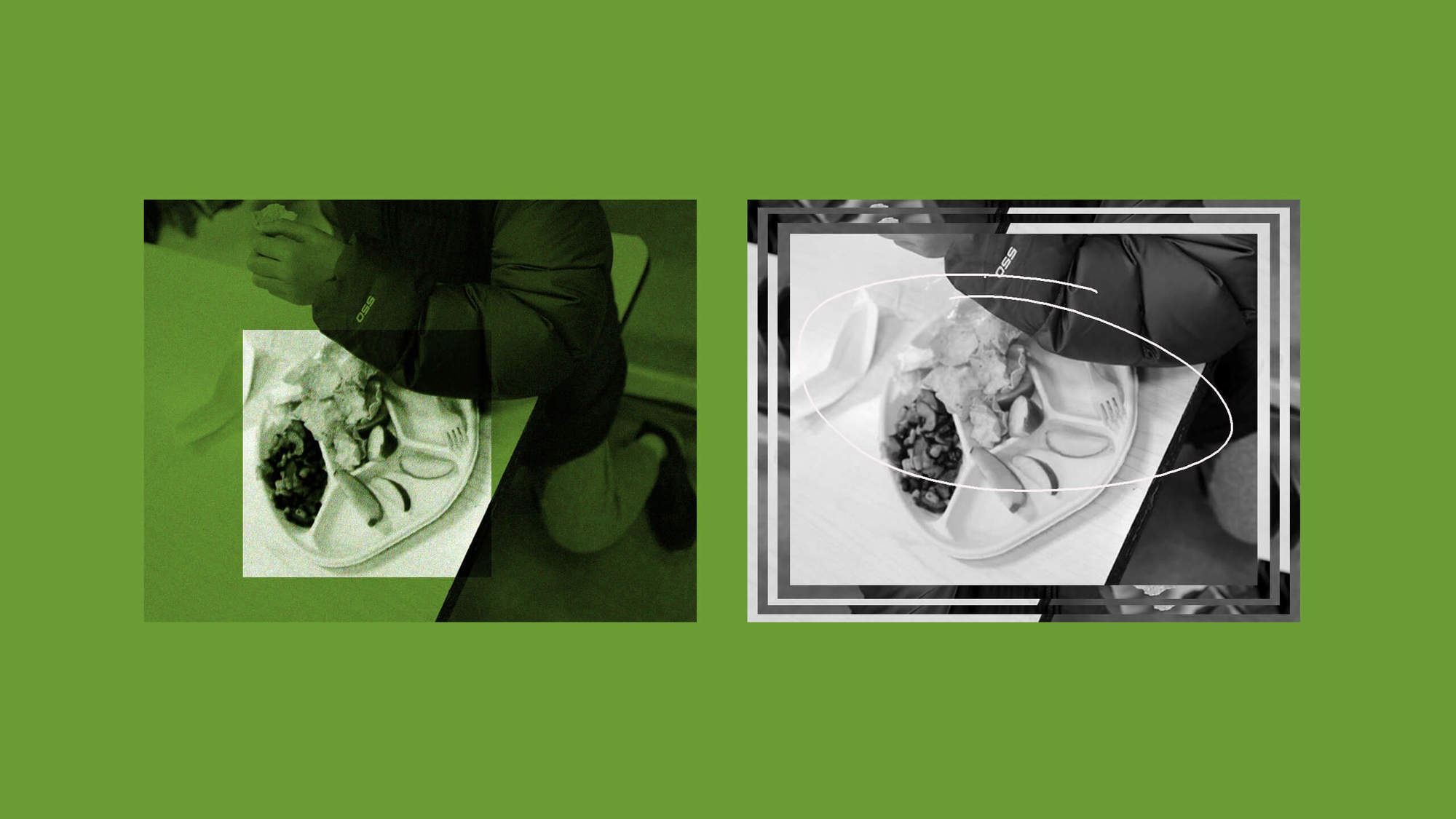 A graphic collage with an image of a student eating a vegan meal served for lunch at Yung Wing School P.S. 124 on February 04, 2022 in New York City.