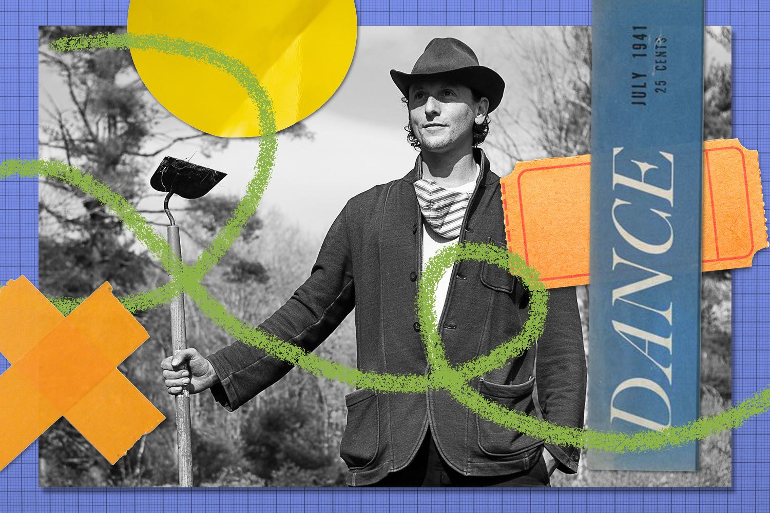 Final Rewrites collage for Adam Weinert with tickets, and old dance show cutout, green doodle, orange tape and yellow label. July 2021