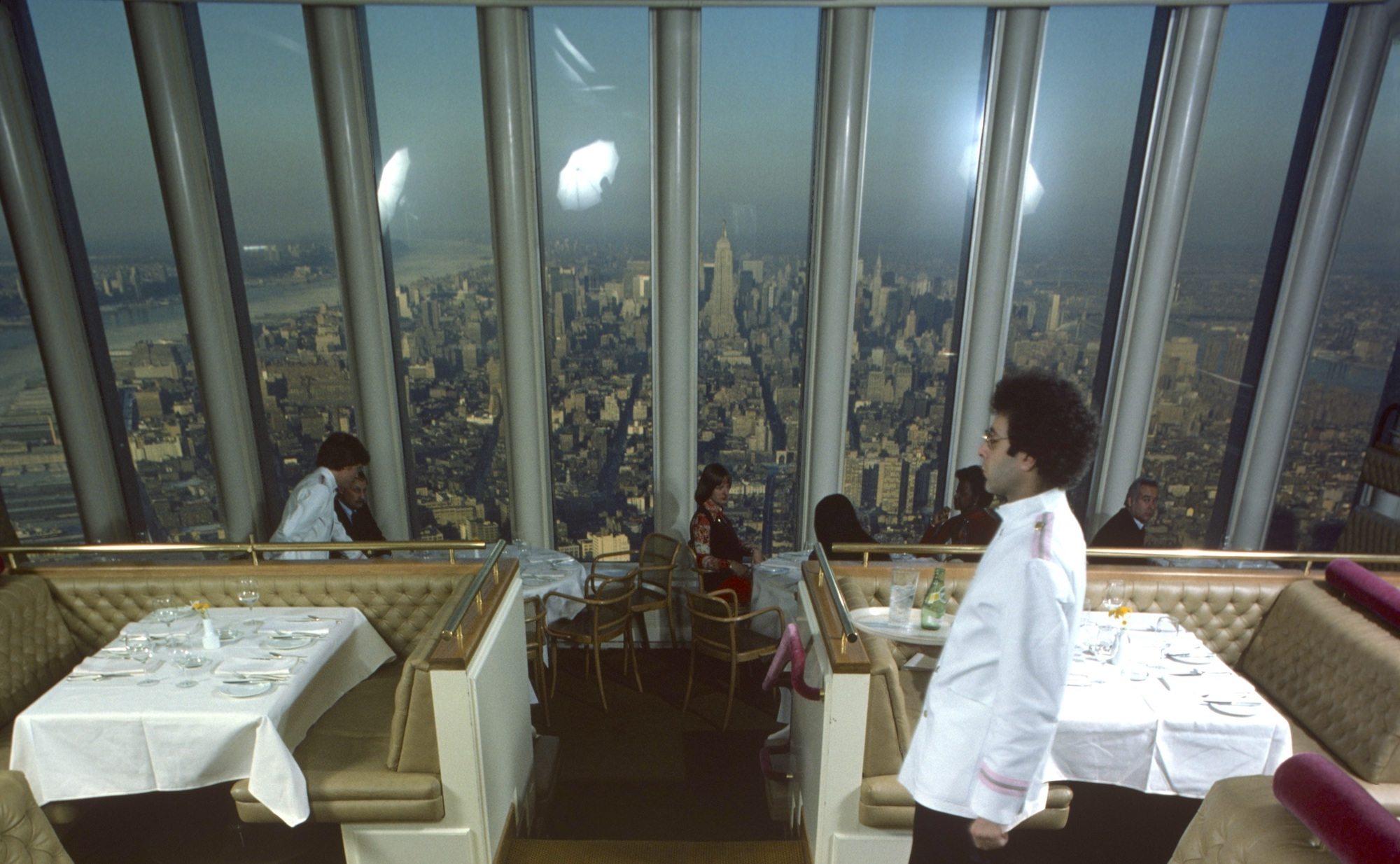 A view of the kitchen prep of the restaurant Windows on the World (on the 107th floor of the World Trade Center), New York, New York, January 1977. September 2021