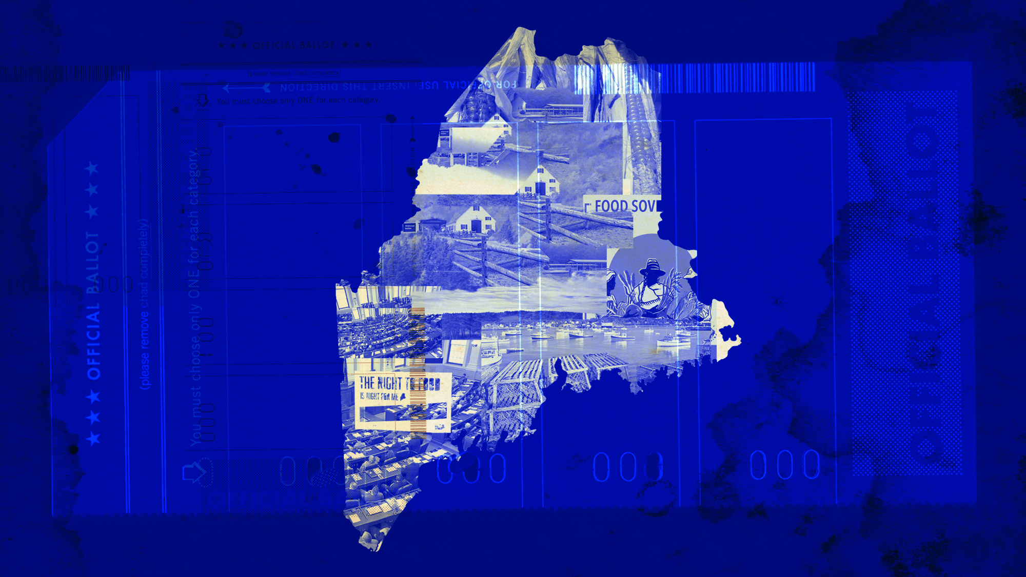 Silhouette of state of Maine filled with pictures of farms, fishing, and local government 110121.