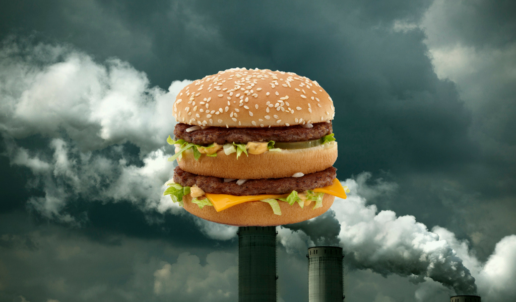 a mcdonald's big mac imposed over emissions from a power plant