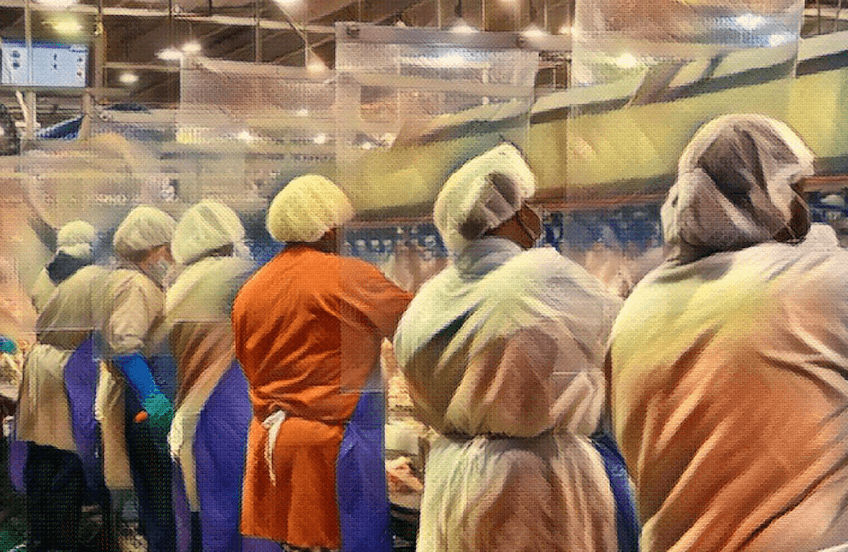 Processing plant workers with image treatment. April 2021
